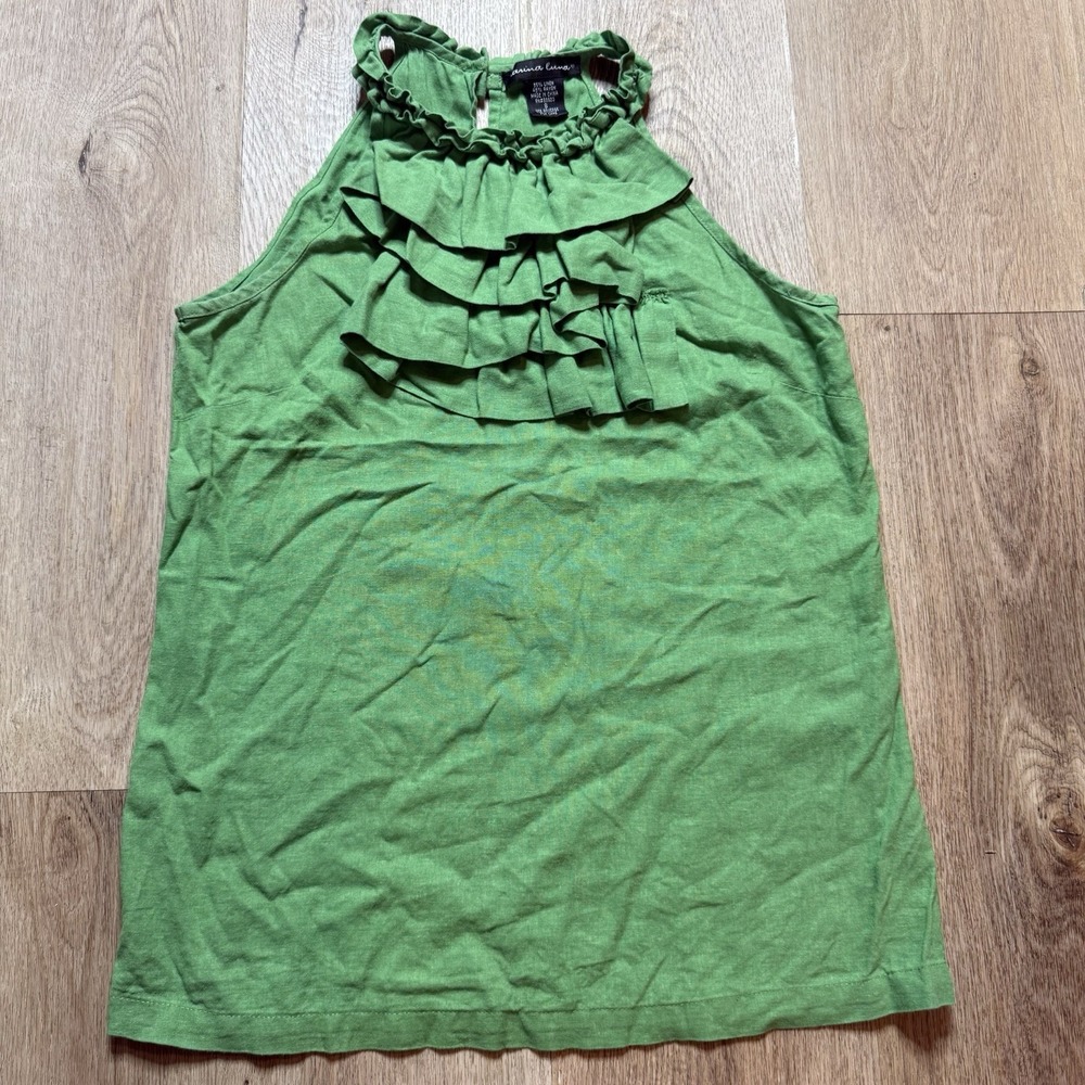 Marina Luna Womens Green Ruffle Top Sleeveless Linen Rayon Size S